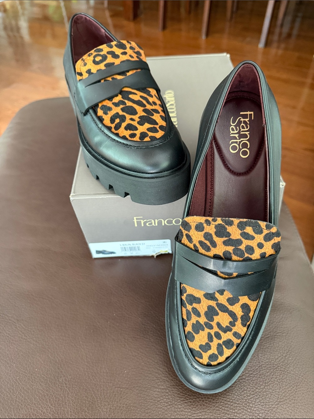 NEW Franco Sarto Balin Black Leather Lug soled Loafer w/Leopard Print size 9